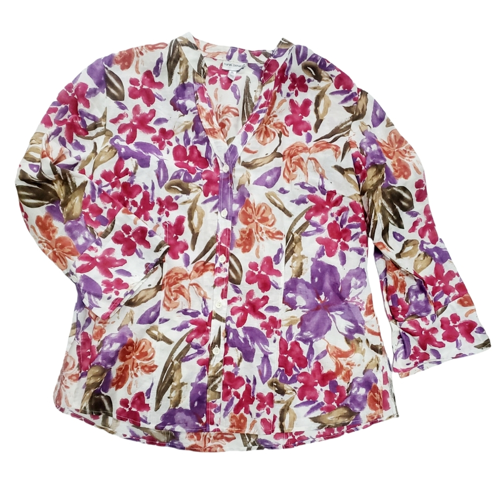 Harve Benard Top Blouse Shirt Linen Cotton Blend Floral Women Size XL NWOT